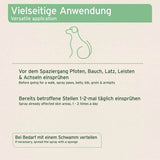 Anwendungsbeispiele für AniForte® Milben Spray – Auftragen auf Pfoten, Bauch und Achseln zur Vorbeugung gegen Grasmilben