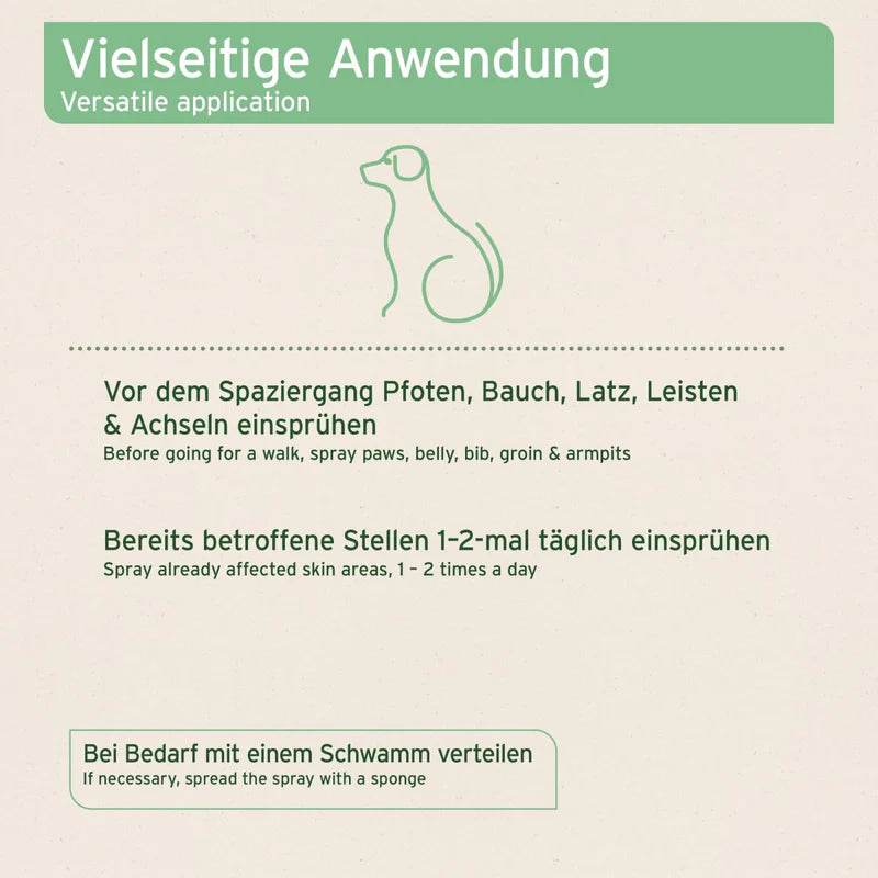 Anwendungsbeispiele für AniForte® Milben Spray – Auftragen auf Pfoten, Bauch und Achseln zur Vorbeugung gegen Grasmilben