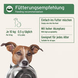 Fütterungsempfehlung für AniForte® Seealgenmehl – 0,5 g täglich je 10 kg Körpergewicht, unter das Futter mischen. Dosierlöffel enthalten.