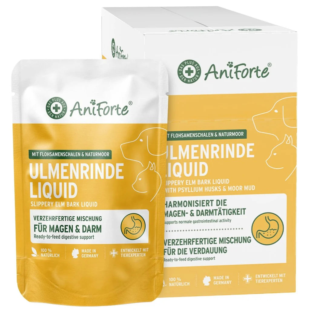 AniForte® Ulmenrinde Liquid für Hunde und Katzen – natürliche Magen-Darm-Unterstützung mit amerikanischer Ulmenrinde, Flohsamenschalen und Naturmoorpulver, sofort anwendbar ohne Aufkochen.