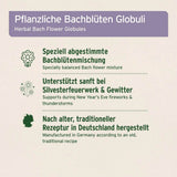 Auf diesem Bild sind pflanzliche Bachblüten Globuli zu sehen. Die Globuli sind nach einer speziell abgestimmten Bachblütenmischung formuliert, die sanft bei Silvesterfeuerwerk und Gewitter unterstützen kann. Das Produkt wird nach einer alten, traditionellen Rezeptur in Deutschland hergestellt.