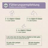 Eine Fütterungsempfehlung für pflanzliche Globuli, die für Hunde, Katzen und Kleintiere geeignet sind. Die Dosierung variiert je nach Tiergröße: 3-6 mal täglich 4 Globuli für Hunde, 3-6 mal täglich 10 Globuli für größere Tiere und 3-6 mal täglich 2 Globuli für Kleintiere. Die Globuli können direkt in die Lefzen gegeben oder mit etwas Wasser aufgelöst ins Futter gemischt werden. Das Produkt ist für jedes Alter geeignet und wird gut akzeptiert.