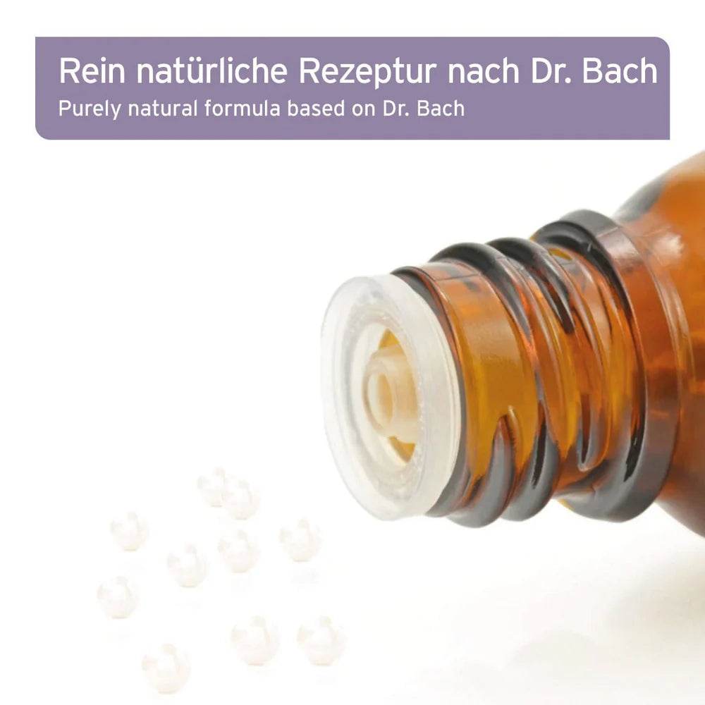 Flasche mit Globuli nach der Rezeptur von Dr. Bach, entwickelt, um Tiere bei Angstzuständen durch Gewitter, Silvester oder Feuerwerk zu unterstützen. Die Globuli sind geeignet für Hunde, Katzen, Kleintiere und Pferde.