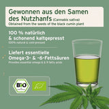 Hanföl in einem Glas, gewonnen aus den Samen des Nutzhanfs, mit einem Hanfblatt und Bio-Siegel.
