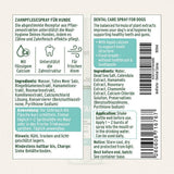 Produktetikett des AniForte® Denta Clean & Care Dentalsprays für Hunde mit Beschreibung der Inhaltsstoffe, Anwendungshinweisen und Produktinformationen in Deutsch und Englisch.