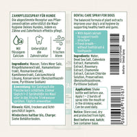 Produktetikett des AniForte® Denta Clean & Care Dentalsprays für Hunde mit Beschreibung der Inhaltsstoffe, Anwendungshinweisen und Produktinformationen in Deutsch und Englisch.