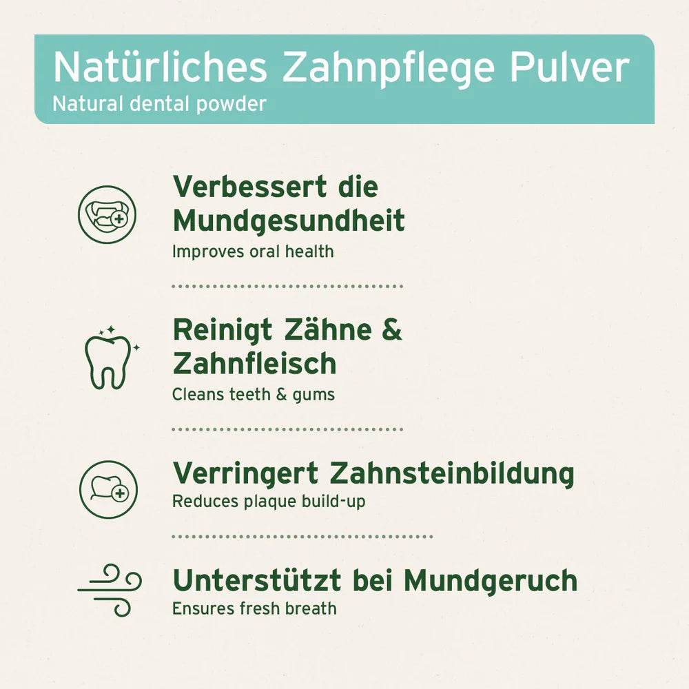 Natürliche Zahnpflege Pulver zur Verbesserung der Mundgesundheit, Reinigung von Zähnen und Zahnfleisch, Reduktion von Zahnsteinbildung und Unterstützung bei Mundgeruch.