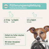 Fütterungsempfehlung für Hunde und Katzen: Hunde (bis 10 kg) 1 g täglich, Katzen 0,5 g täglich. Einfach ins Futter mischen für hohe Akzeptanz.