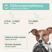 Fütterungsempfehlung für Hunde und Katzen: Hunde (bis 10 kg) 1 g täglich, Katzen 0,5 g täglich. Einfach ins Futter mischen für hohe Akzeptanz.