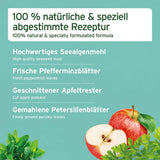 100% natürliche und speziell abgestimmte Rezeptur mit hochwertigem Seealgenmehl, frischen Pfefferminzblättern, geschnittenem Apfeltrester und gemahlenen Petersilienblättern.