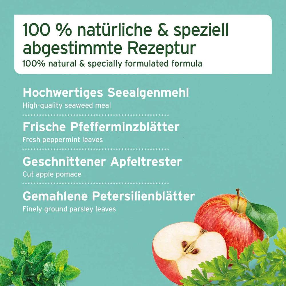 100% natürliche und speziell abgestimmte Rezeptur mit hochwertigem Seealgenmehl, frischen Pfefferminzblättern, geschnittenem Apfeltrester und gemahlenen Petersilienblättern.