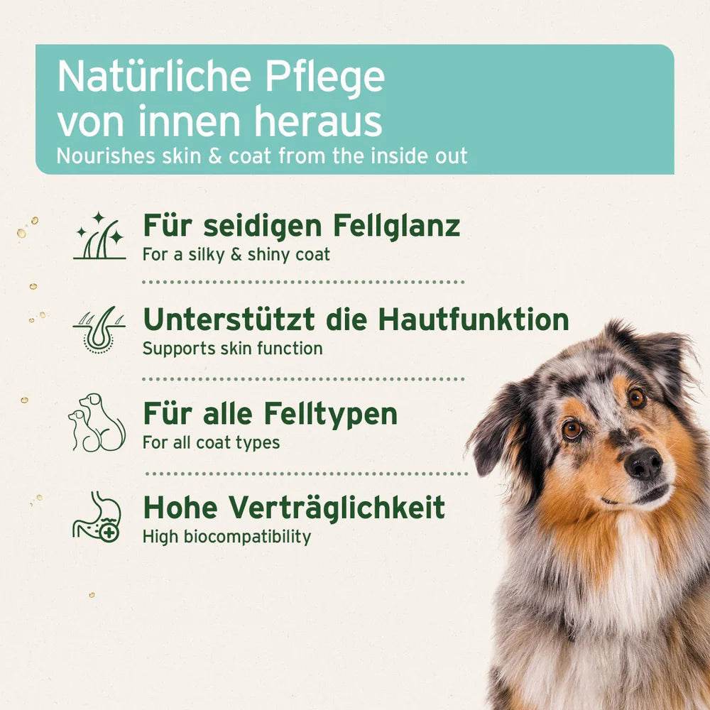 Natürliche Pflege für glänzendes Fell und gesunde Hautfunktion, geeignet für alle Felltypen, mit hoher Verträglichkeit.