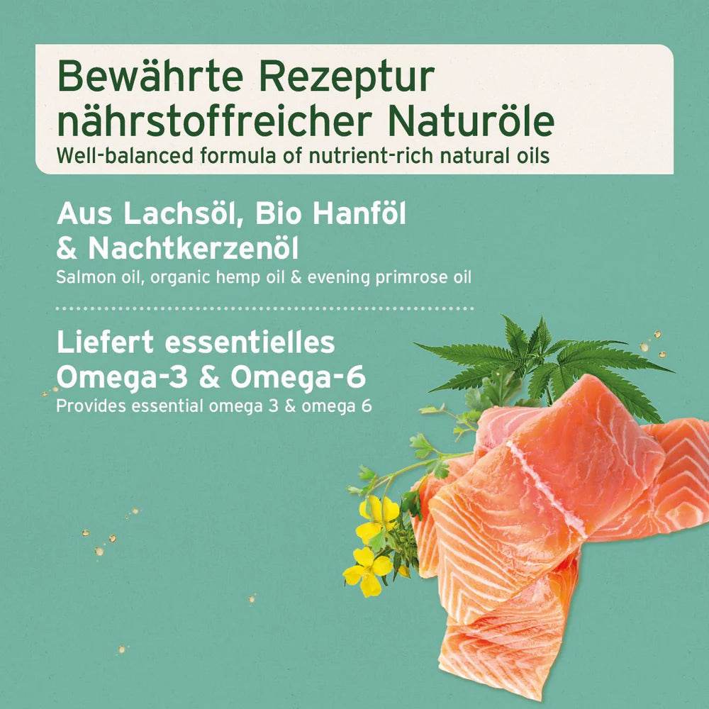 Ein Bild von einer gut ausgewogenen Mischung natürlicher Öle, bestehend aus Lachsöl, Bio-Hanflöl und Nachtkerzenöl, die essentielle Omega-3- und Omega-6-Fettsäuren liefert. Es zeigt eine Kombination aus Lachsfilet, Hanfpflanze und Nachtkerzenblüten.