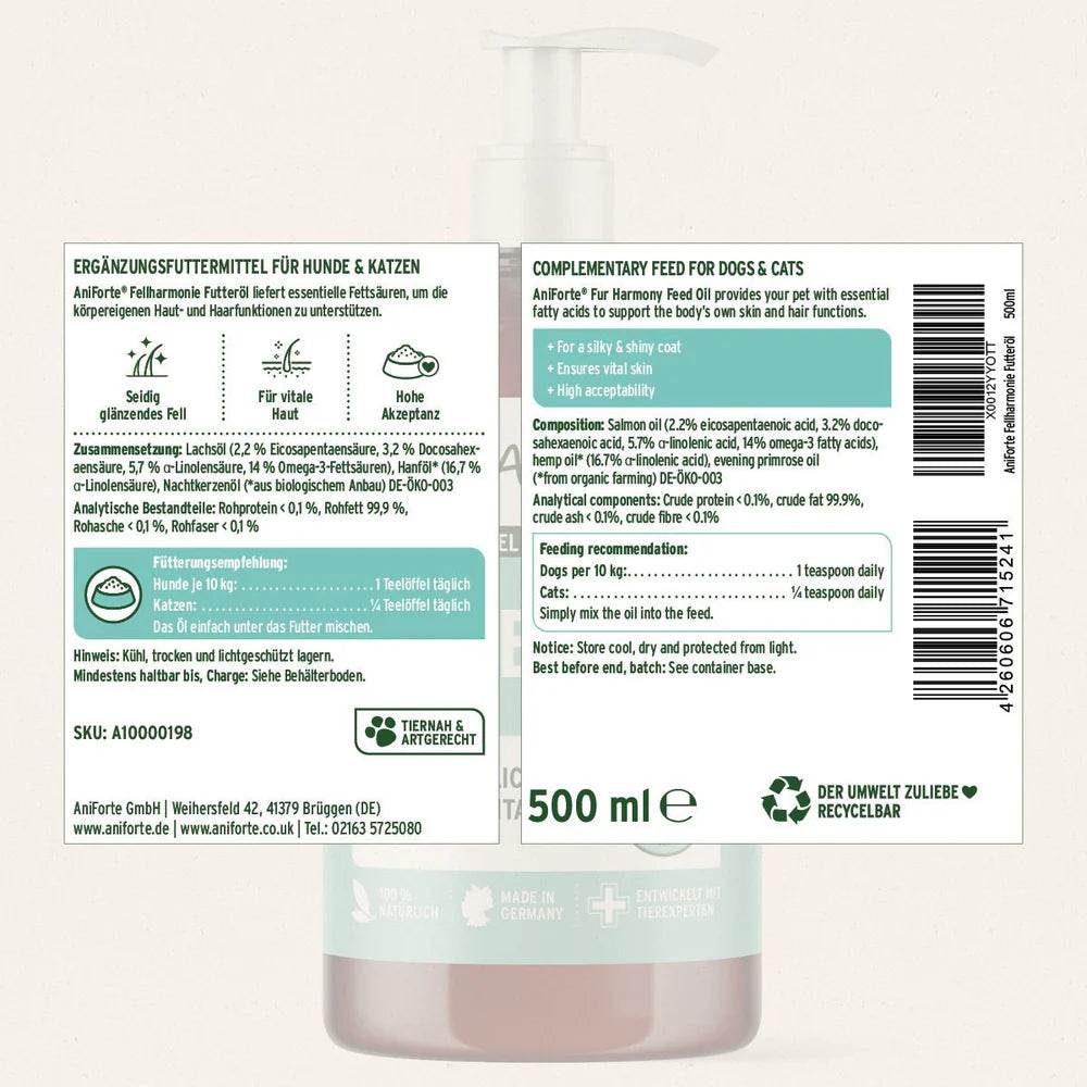  Ein Etikett für AniForte® Fellharmonie Futteröl, das für Hunde und Katzen gedacht ist. Das Öl enthält essentielle Fettsäuren, die die Haut- und Haarfunktionen unterstützen und für glänzendes Fell sowie vitales Hautbild sorgen. Es wird empfohlen, für Hunde 1 Teelöffel täglich pro 10 kg Körpergewicht und für Katzen 1/2 Teelöffel täglich zu geben. Das Öl wird aus Lachsöl, Hanföl und Nachtkerzenöl hergestellt.