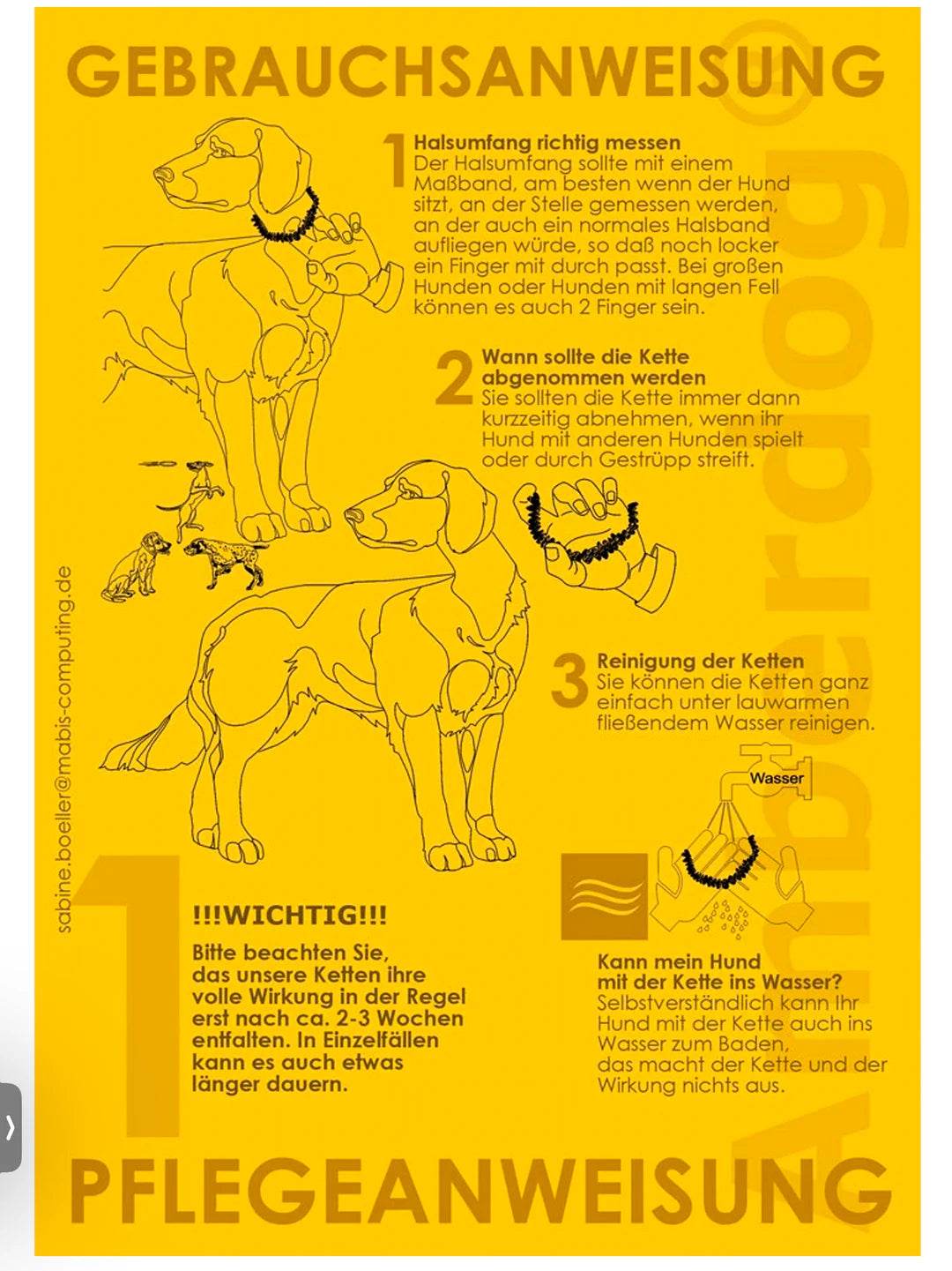 Gebrauchsanweisung Amberdog Bernsteinkette für Hunde als natürlicher Zeckenschutz ohne Chemie, aus echtem Bernstein, sicher und angenehm zu tragen.