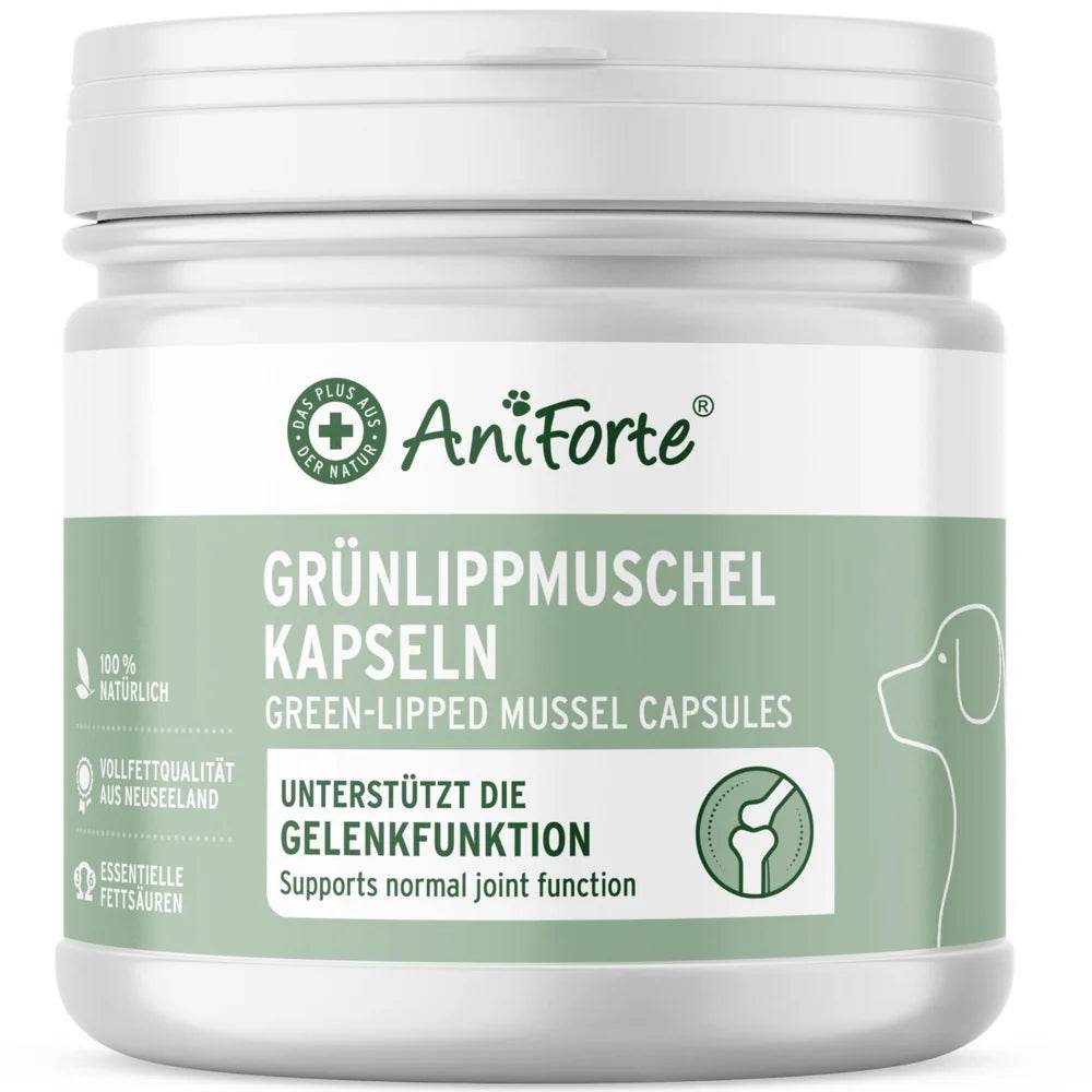 Das Bild zeigt eine Dose mit Aniforte Grünlippmuschel Kapseln, einem natürlichen Ergänzungsfuttermittel für Hunde zur Unterstützung der Gelenkfunktion. Die Kapseln enthalten Vollwertqualität aus Neuseeland und bieten essentielle Fettsäuren, die die normale Gelenkfunktion fördern.