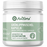 Das Bild zeigt eine Dose mit Aniforte Grünlippmuschel Kapseln, einem natürlichen Ergänzungsfuttermittel für Hunde zur Unterstützung der Gelenkfunktion. Die Kapseln enthalten Vollwertqualität aus Neuseeland und bieten essentielle Fettsäuren, die die normale Gelenkfunktion fördern.