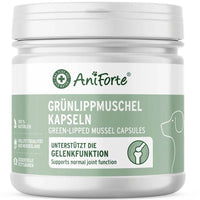 Das Bild zeigt eine Dose mit Aniforte Grünlippmuschel Kapseln, einem natürlichen Ergänzungsfuttermittel für Hunde zur Unterstützung der Gelenkfunktion. Die Kapseln enthalten Vollwertqualität aus Neuseeland und bieten essentielle Fettsäuren, die die normale Gelenkfunktion fördern.
