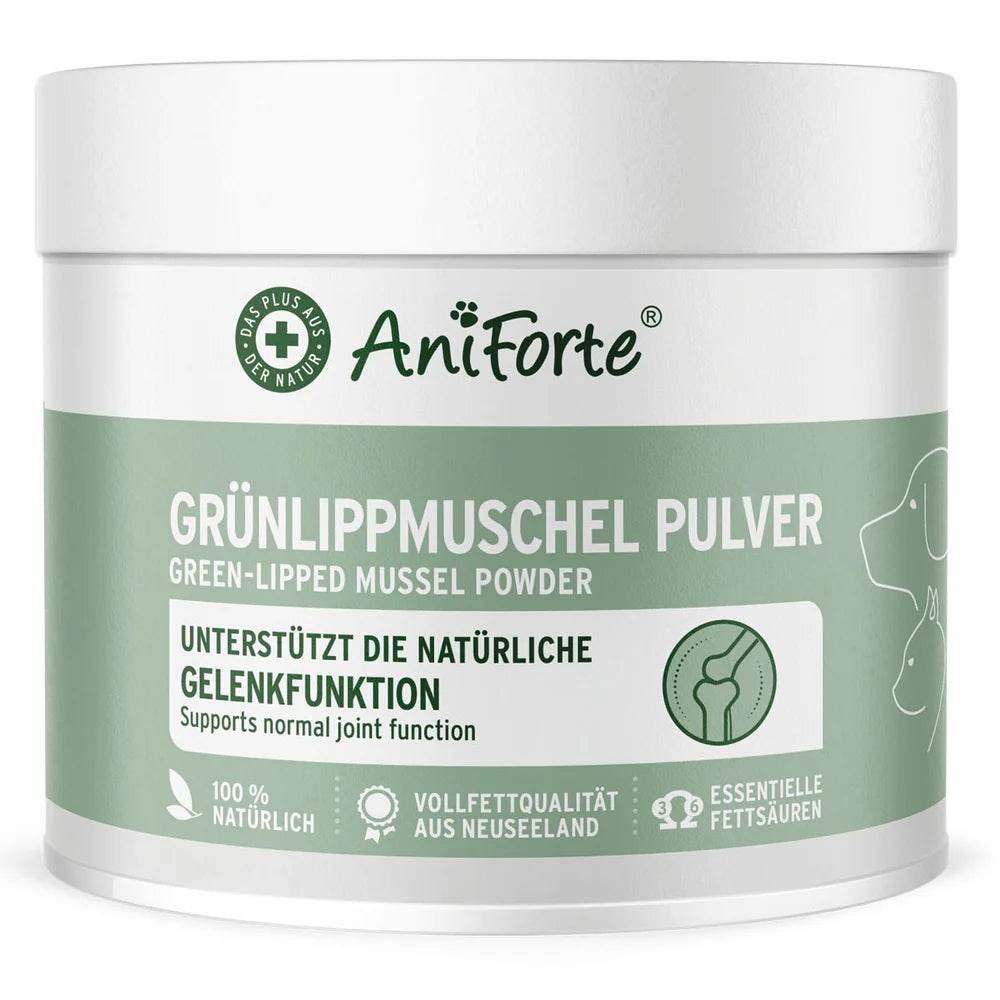 AniForte® Grünlippmuschel Pulver für Hunde, unterstützt die natürliche Gelenkfunktion mit 100% natürlichen Zutaten aus Neuseeland.