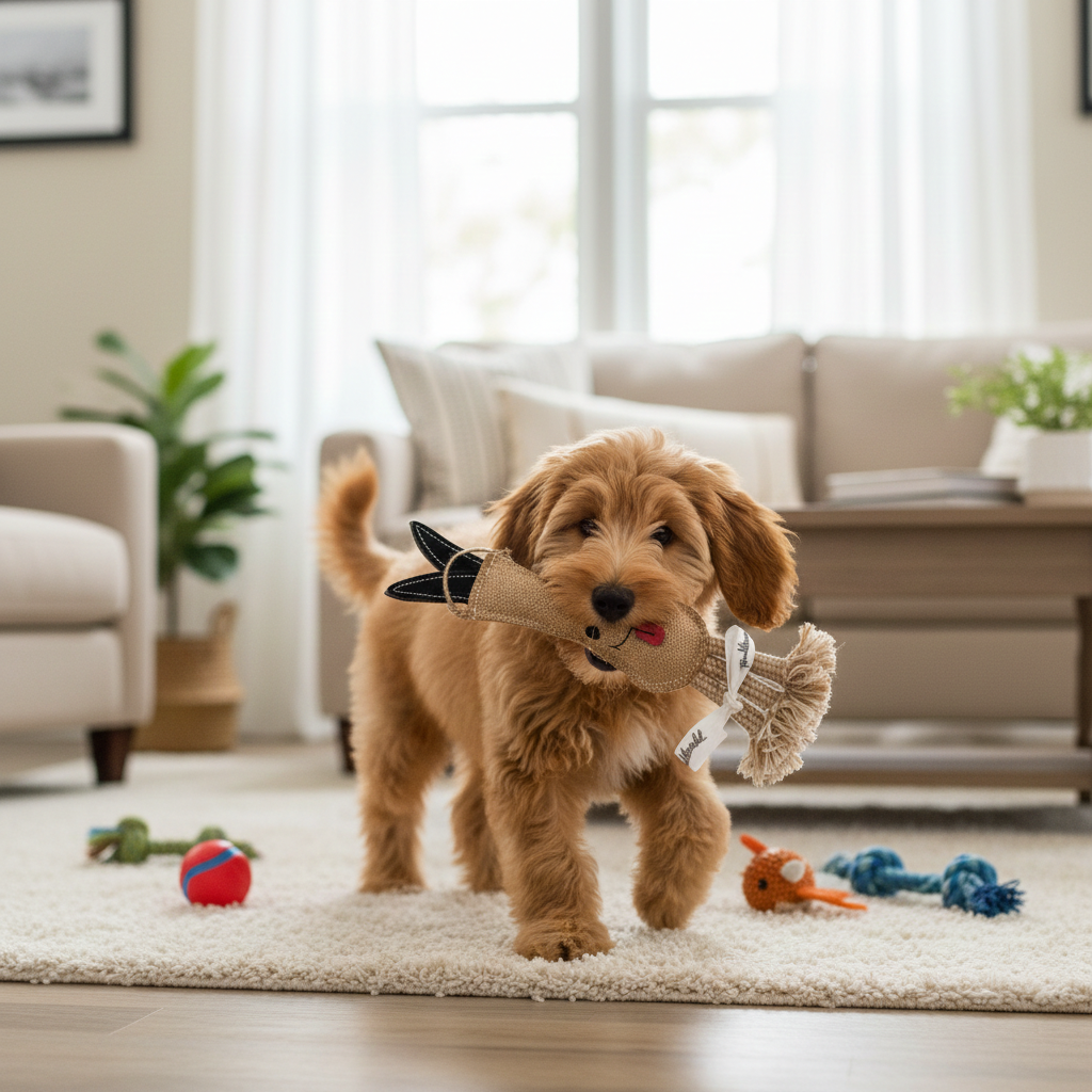 Hund spielt mit dem nachhaltigen Baumwoll-Hundespielzeug „Lars der Lauch“, handgefertigt aus natürlicher Baumwolle und zahnfreundlich beim Kauen
