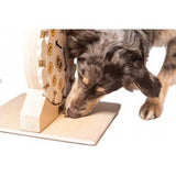 Ein Hund dreht das Pet's Clock Puzzle, ein interaktives Spielzeug, um eine Belohnung zu finden. Es fördert geistige Stimulation und Problemlösungsfähigkeiten bei Hunden.