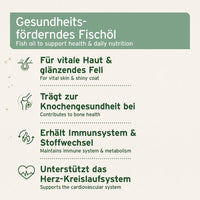 Gesundheitsförderndes Fischöl für Hunde, Katzen und Pferde, unterstützt Haut, Fell, Knochen, Immunsystem und das Herz-Kreislaufsystem.