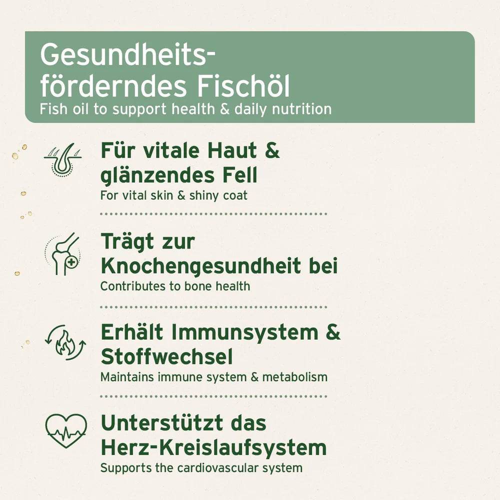 Gesundheitsförderndes Fischöl für Hunde, Katzen und Pferde, unterstützt Haut, Fell, Knochen, Immunsystem und das Herz-Kreislaufsystem.