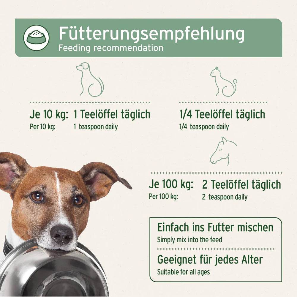 Fütterungsempfehlung für Hunde, Katzen und Pferde basierend auf Körpergewicht mit Lachsöl.