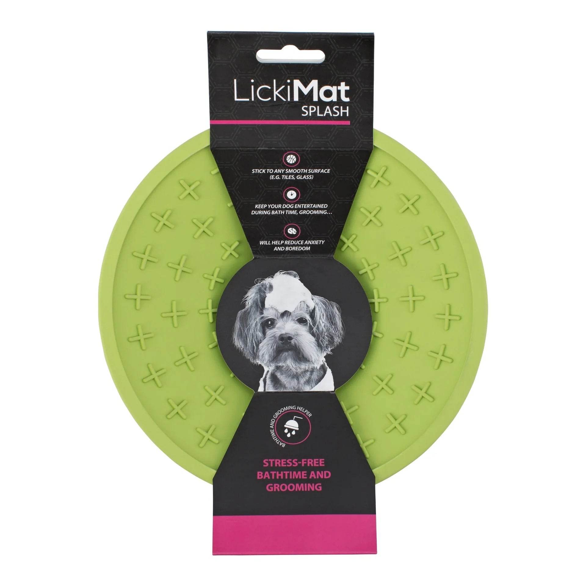 Grüne Licki Mat mit starkem Saugnapf – rutschfeste Gummischale aus Naturkautschuk, ideal zum Befüllen mit Leckerlis, für entspannte Fellpflege oder stressfreie Badezeiten bei Hund und Katze.