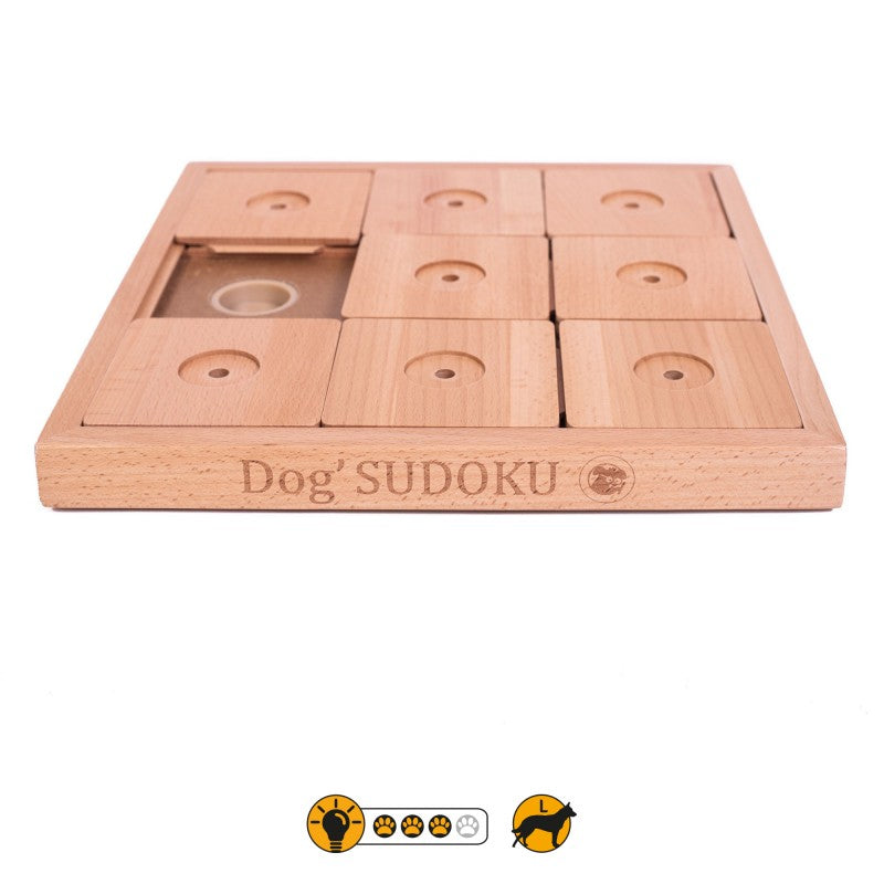 My Intelligent Dogs® Sudoku Medium Expert Classic – Intelligenzspielzeug aus Holz mit 9 Feldern und 8 verschiebbaren Plättchen für mittelgroße Hunde, zur Förderung von Konzentration und Problemlöseverhalten.