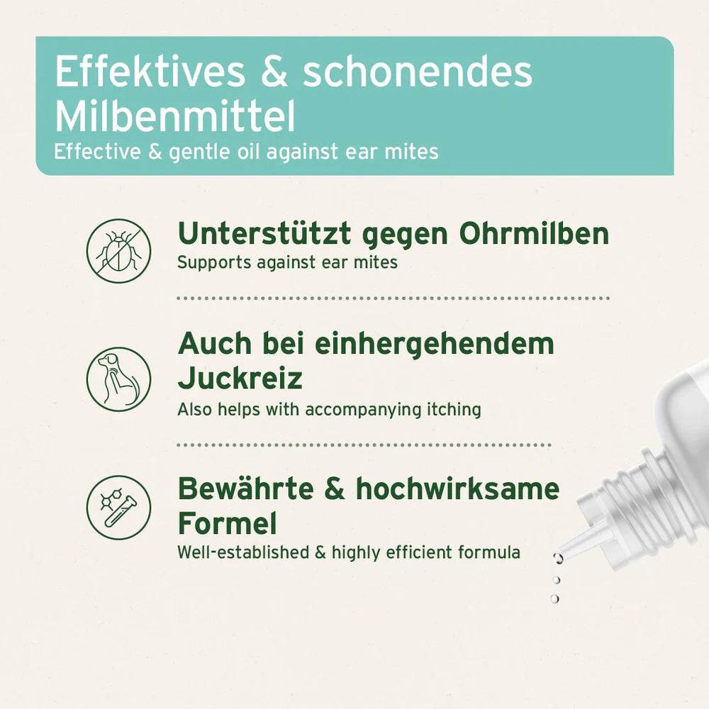 Effektives und schonendes Ohrmilbenöl zur Unterstützung gegen Ohrmilben und Juckreiz bei Haustieren. Bewährte und hochwirksame Formel.