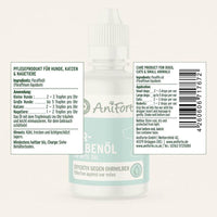 Flasche mit AniForte Ohrmilbenöl für Hunde, Katzen und Nagetiere, zeigt die Anwendungsempfehlung und Inhaltsstoffe.