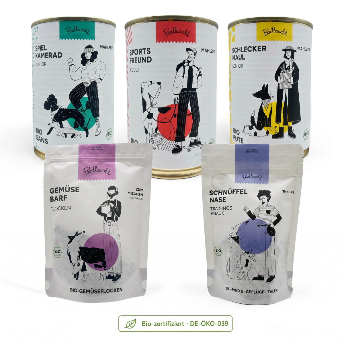 Poodlewohl Bio-Hundefutter, Bio-Trainingssnacks und Bio-Gemüseflocken der Eigenmarke – bio-zertifiziert nach DE-ÖKO-039