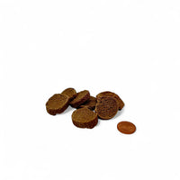 Poodlewohl Bio-Hundesnack aus Rind, Huhn, Karotte und Apfel – natürliche, gesunde Zutaten in Form von Snackstücken ohne Verpackung, ideal als Belohnung oder Snack für zwischendurch.