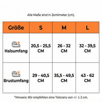Poodlewohl Hanfgeschirr für Hunde mit Größentabelle – Nachhaltig, hautfreundlich und in den Größen Small, Medium und Large erhältlich.
