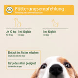 Infografik zur Fütterungsempfehlung für Topinambur-Sirup: 1 ml täglich für Katzen und 1 ml pro 10 kg Körpergewicht für Hunde. Das Produkt sollte einfach ins Futter gemischt werden und ist für jedes Alter geeignet.