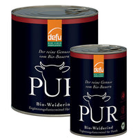 Dose PUR Bio-Weiderind mit reinem Bio-Rindfleisch und Innereien, naturbelassen und getreidefrei – perfekt als Ergänzungsfutter für Hunde mit Unverträglichkeiten oder im BARF-Konzept.

