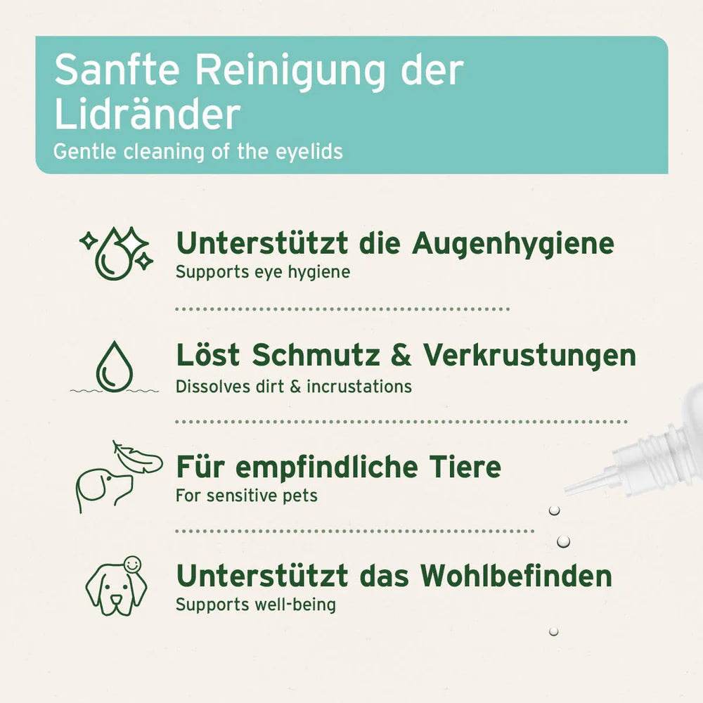 Sanfte Reinigung der Lidränder für Hunde, Katzen und Kleintiere, unterstützt die Augenhygiene, löst Schmutz und Verkrustungen, ideal für empfindliche Tiere und fördert das Wohlbefinden.