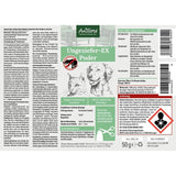 Anwendungsinformation für Aniforte Ungeziefer-EX Puder, ein Insektenschutz gegen kriechende Insekten für Hunde und Katzen, enthält eine detaillierte Beschreibung der Inhaltsstoffe, Anwendung und Sicherheitshinweise.