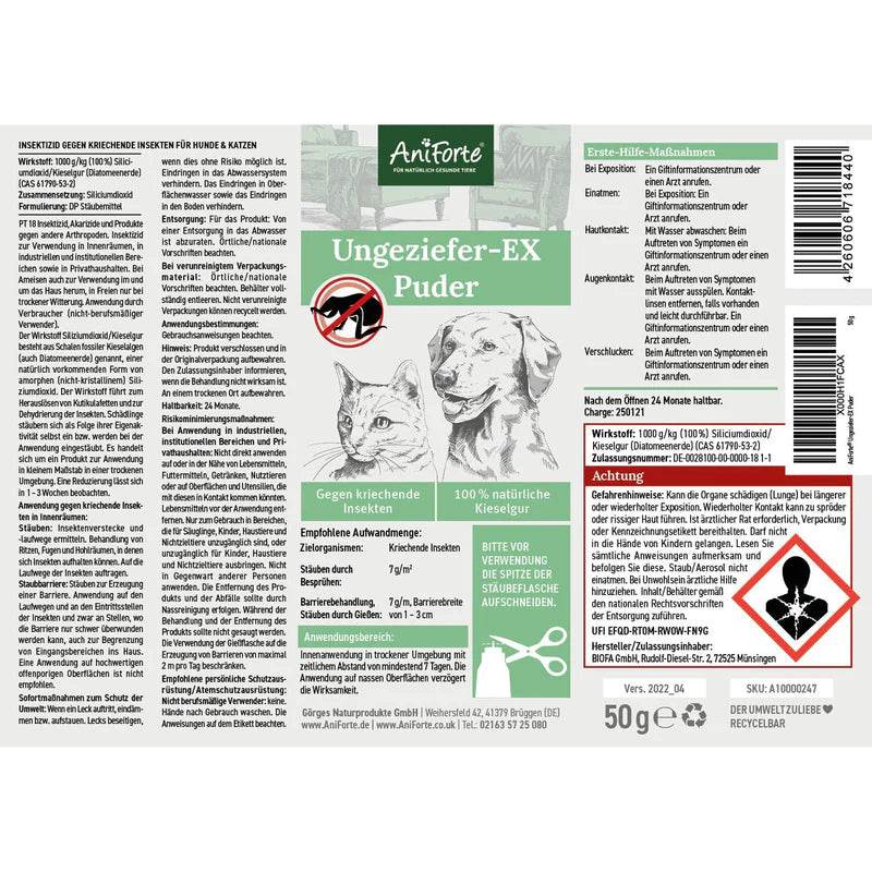 Anwendungsinformation für Aniforte Ungeziefer-EX Puder, ein Insektenschutz gegen kriechende Insekten für Hunde und Katzen, enthält eine detaillierte Beschreibung der Inhaltsstoffe, Anwendung und Sicherheitshinweise.