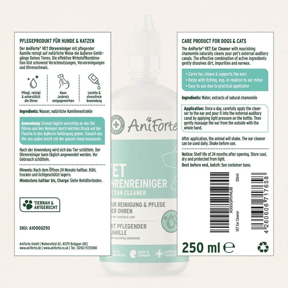 AniForte® VET Ohrenreiniger für Hunde und Katzen, 250ml Flasche mit Anwendungshinweisen auf der Rückseite.