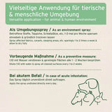 Anleitung zur vielseitigen Anwendung eines Sprays in tierischen und menschlichen Umgebungen, einschließlich Anwendung als Umgebungs- und Vorbeugungsmaßnahme sowie bei akutem Befall.