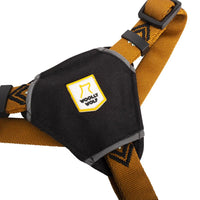 Detailaufnahme des Woolly Wolf Sea to Summit Geschirrs, das die 5-Punkt-Verstellung, Reflektoren und die robuste Konstruktion zeigt. Das Geschirr aus recyceltem Polyester bietet eine perfekte Passform und zusätzlichen Komfort für Hunde bei Outdoor-Aktivitäten.